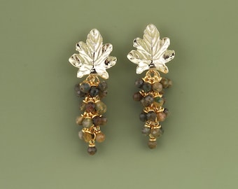 Gold Leaf Cluster Earrings with Natural Gemstones, Statement Drop Earrings