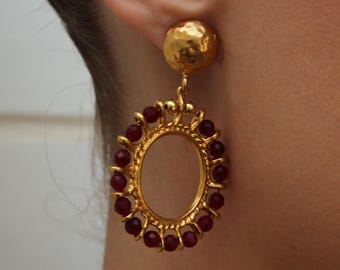 Red Garnet Beaded Textured Gold Plated Hoop Earrings