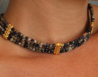 Blue Sodalite Beaded Choker Necklace with Gold Plated Accents