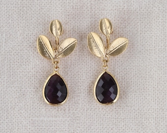 Gold Leaf Drop with Dark Agate Gemstone Earrings