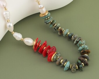 Pearl and Turquoise with Red Coral Accent Necklace