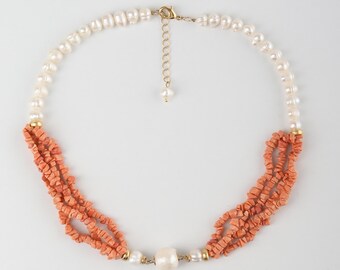 Natural Coral Beaded with Baroque Pearls Necklace