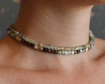 Prehnite Gemstone Choker Gold Beaded Necklace