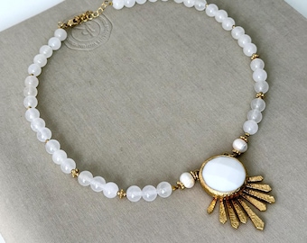 White Jade Beaded Sun Pendant Necklace
