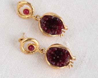 Red Garnet Beaded Gold Plated Pomegranate Earrings
