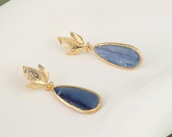 Blue Gemstone Leaf Detail Gold Plated Drop Earrings