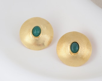 Bold Gold Stud Emerald Stone Circular Earrings