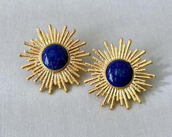 Sunburst Lapis Lazuli  Gemstone Gold Plated Stud Earrings