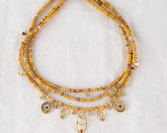 Yellow Jasper Rondelle Cut Multi Strand Choker with Gold Charm Necklace