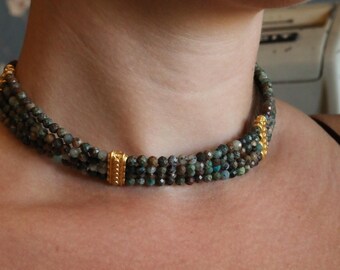 Green Jasper Earthy Gemstone Multi Strand Choker Necklace with Gold Accents