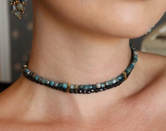 Double strand gemstone choker necklace with faceted apatite, spinel, blue agate, Labradorite, gold accents