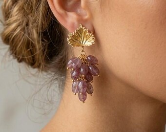 Natural Strawberry Quartz Drop Earrings – Gold Leaf Motif, Romantic Crystal Jewelry