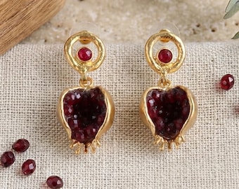 Red Garnet Beaded Gold Plated Pomegranate Earrings