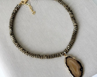 Raw Agate Slice Pendant Necklace with Lava Stone Beads, Volcanic Rock Choker