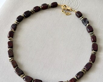 Dark Red Jasper Choker – Antique Gold Chevron Beads, Earthy Boho Necklace