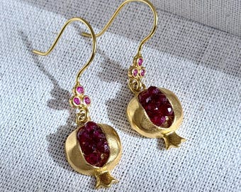 Gold Pomegranate Drop Earrings with Red Garnet Seeds, Fruit Inspired Botanical Jewelry