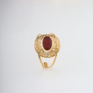 Textured Gold Cuff Bracelet with Oval Red Gemstone – Handmade Adjustable Statement Jewelry