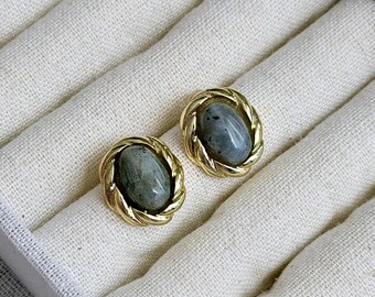Vintage Style Labradorite Stud Earrings - Gold Twist Oval Post, Minimalist Natural Stone Jewelry