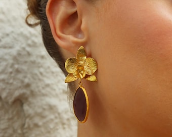 Gold Orchid Flower Earrings with Burgundy Stone Drop