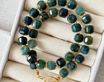 Faceted Dark Green Moss Agate Necklace – Gold Toggle Clasp Choker, Natural Stone Jewelry