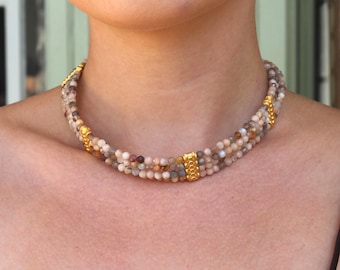 Sunstone Multi-Strand Choker Necklace with Feldspar Beads