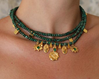 Malachite Multi-Strand Choker Necklace with 18K Gold Plated Charm Pendant
