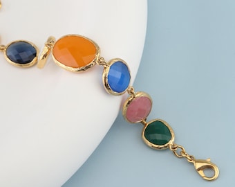 Multi Gemstone Gold Plated Chain Bracelet - Natural Stone Bezel Link Jewelry