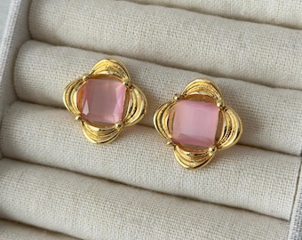 Pink Square Gemstone Earrings - Gold Flower Frame Studs - Retro Style Costume Jewelry
