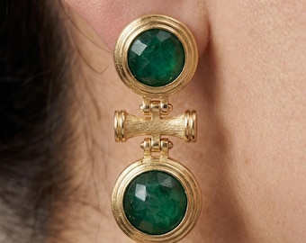 Vintage Statement Emerald Green Drop Earrings - Gold Door Knocker, Bold Geometric Dangle