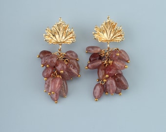 Leaf Detail Strawberry Quartz Drop Earrings