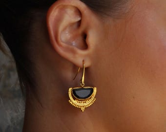 Black Onyx Earrings with Gold Plated Crescent Dangle