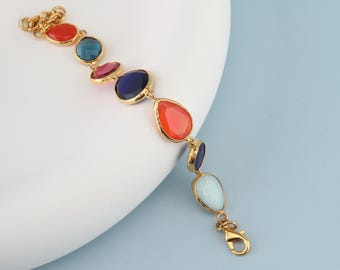 Multicolor Gemstone Gold Plated Chain Bracelet