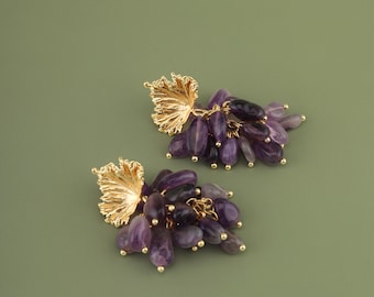 Amethyst Gemstone Dangle Earrings with Textured Gold Accent
