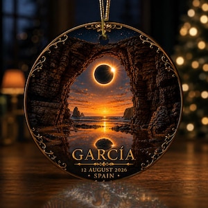 Gepersonaliseerd keramisch ornament met zonsverduistering, Spanje 2026, hemels aandenken, gepersonaliseerd astronomiecadeau voor sterrenkijker