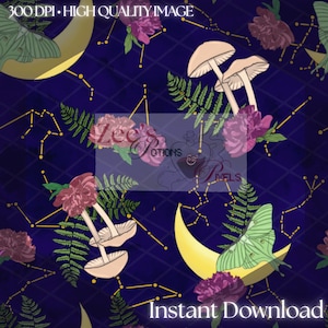 Luna Motte Mond Nahtlose Muster | Witchy Celestial Digitales Papier PNG | Darkcore Cottage Pilze, Blumen, Sternbilder