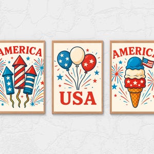 4th of July Wall Art Set – Patriotic Decor, Independence Day Printables, Vintage America, Instant Download