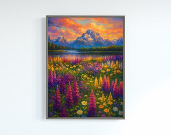 Colorful Landscape Wall Art Digital Download – Dopamine Maximalist Printable, Vibrant Jewel Tone Mountain Artwork