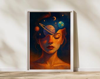 Surrealistiskt galaxporträttkonsttryck: Drömsk himmelsk väggdekoration (digital nedladdning)