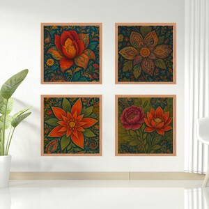 Boho Floral Wall Art Set: Colorful Botanical Prints (Digital Download, Set of 4)