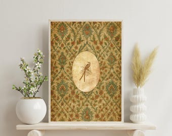 Impresión de tapiz de pájaros vintage: arte textil floral antiguo, decoración botánica tradicional (descarga digital)