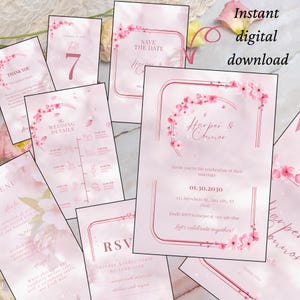 Paquete de invitaciones de boda con diseño de flor de cerezo: Plantillas florales rosas con RSVP, menú y más / Enlaces editables de Canva / Descarga instantánea en PDF