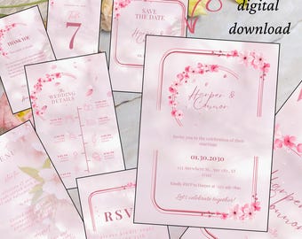 Cherry Blossom Wedding Invitation Bundle – Pink Floral Template Set with RSVP, Menu & More | Editable Canva Links | Instant Download PDF