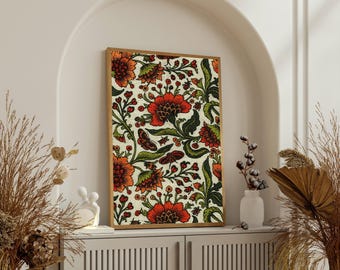Vintage Blumen Print: Rote & Orange Antike Textilkunst (Digitaler Download