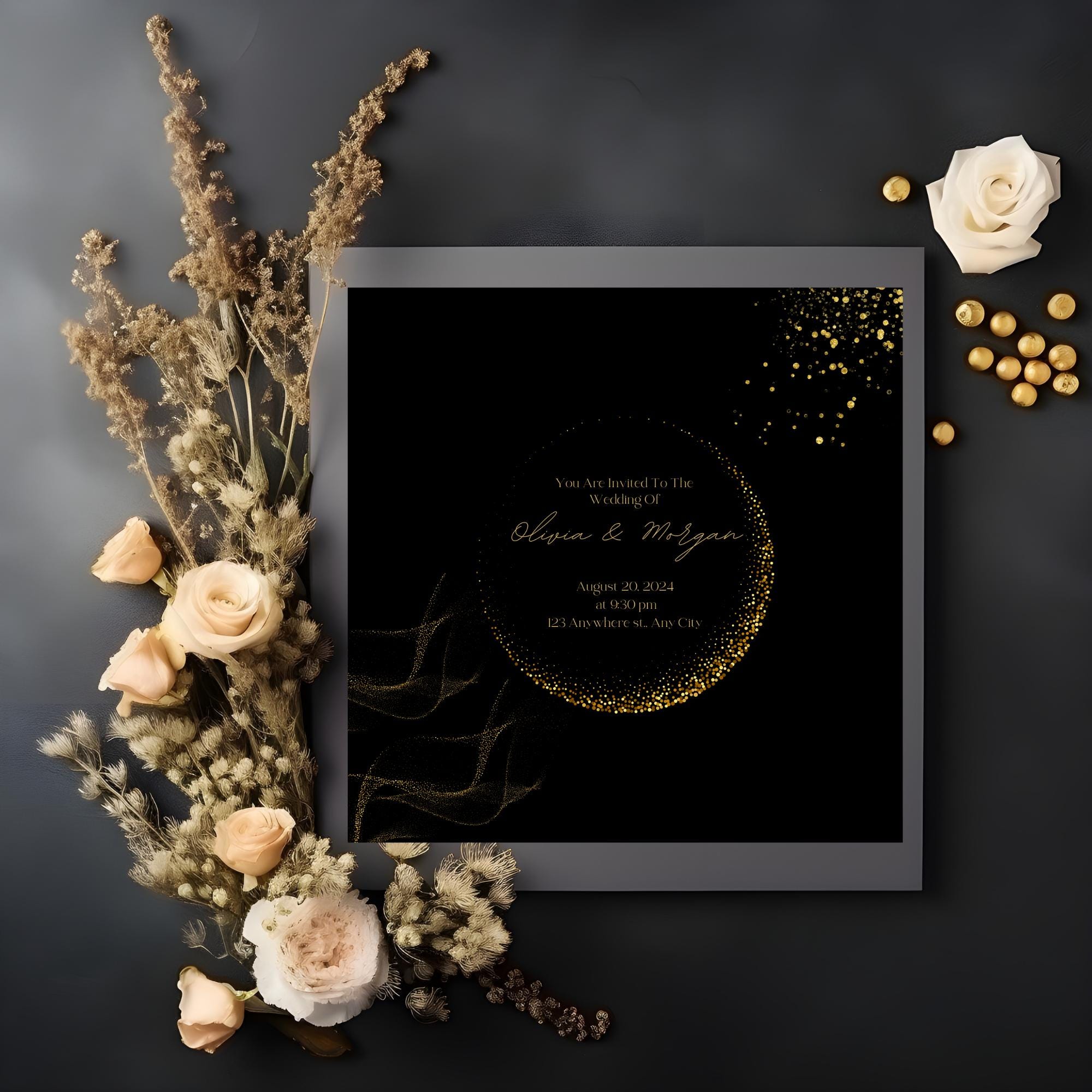 Luxury Black & Gold Wedding Invitation – Editable Canva Template – Square Digital Invite PDF with Link – Elegant Instant Download