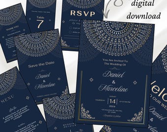 Navy Gold Wedding Invitation Suite, Editable Canva Template, Wedding Invitation Template, Printable Invite, Instant Download