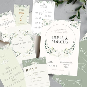 Elegant White Floral Wedding Invitation Set – Editable Canva Template – Digital Green Botanical Bundle PDF