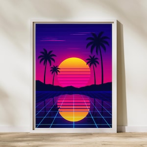 Retro Synthwave Wall Art – Funky Sunset Palm Tree Poster, Vaporwave Digital Download, Bold Maximalist Decor