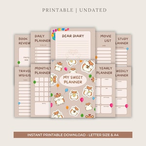 Planificador imprimible de hámster: diario kawaii sin fecha para niños y adolescentes / Tamaño A4 y carta (PDF) / Páginas diarias, semanales y mensuales