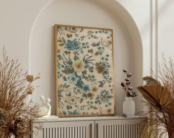 Vintage Blue Floral Tapestry Print: Cottagecore Wall Art (Digital Download