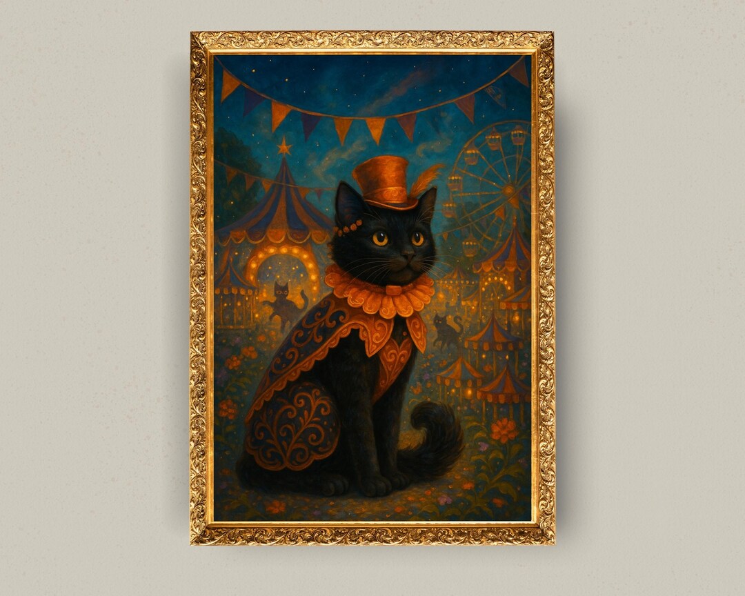 Vintage Halloween Black Cat Carnival Art Print (digital Download ...